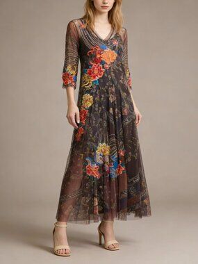 $480 NWOT JOHNNY WAS BIYA Kyler Floral Embroidered Mesh Maxi Dress Size S